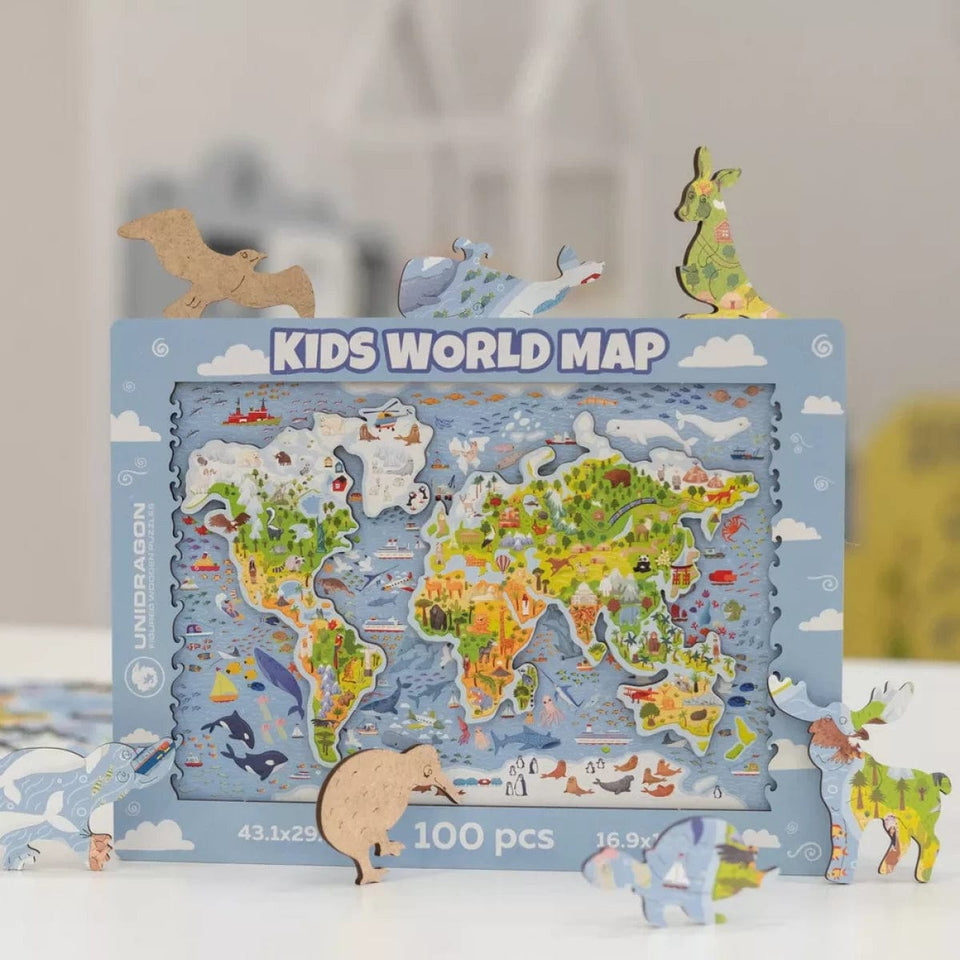 World Map wooden map puzzle — premium HDF laser-cut puzzle close-up