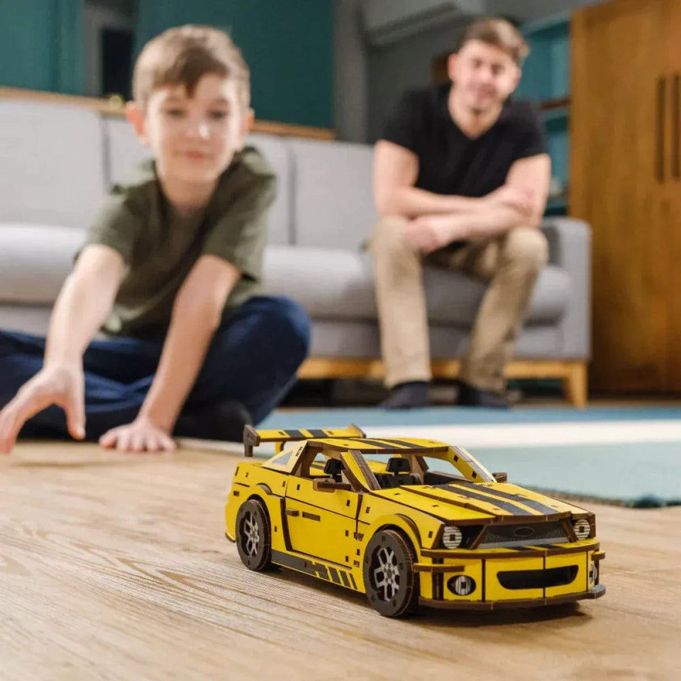 Stallion GT Yellow Puzzle wooden car puzzle — premium HDF laser-cut puzzle close-up