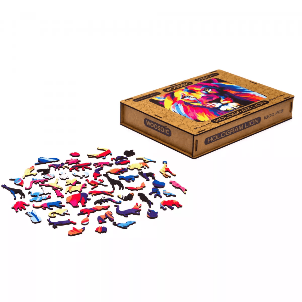 Hologram Lion wooden animal puzzle — puzzle pieces showing unique laser-cut shapes