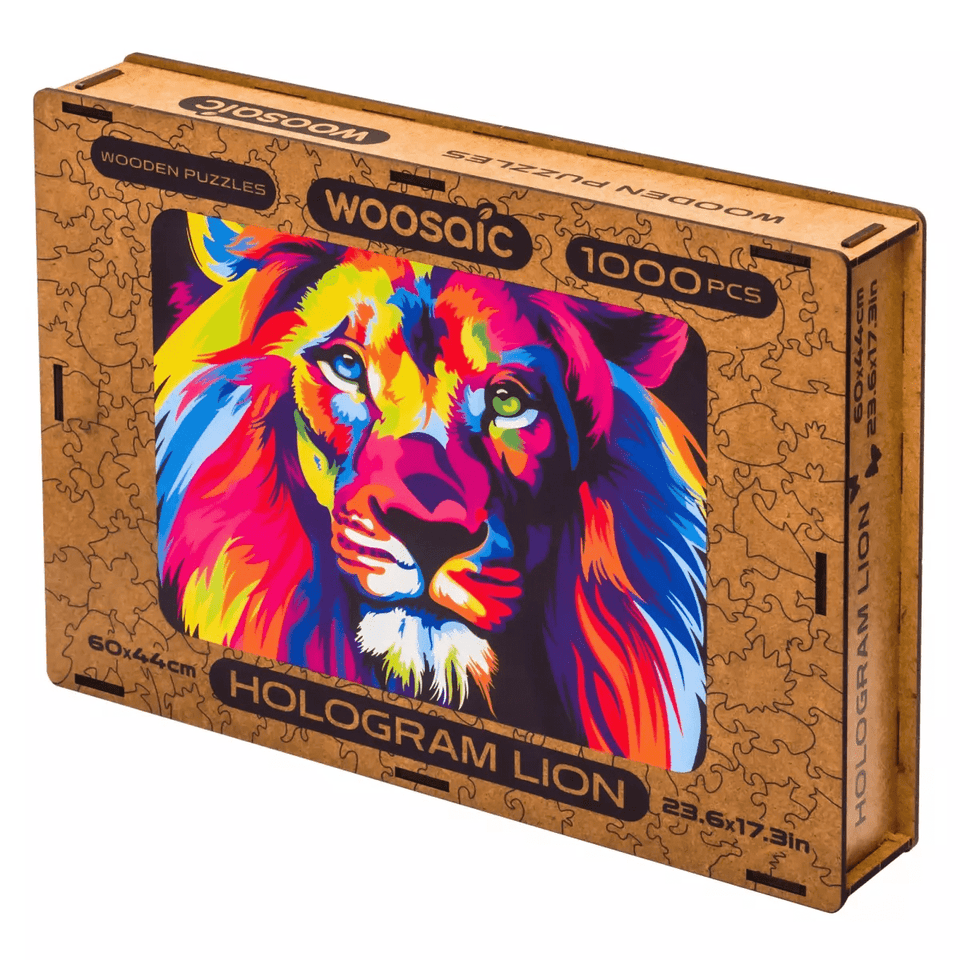 Hologram Lion wooden animal puzzle — in use with hands assembling