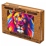 Hologram Lion wooden animal puzzle — in use with hands assembling