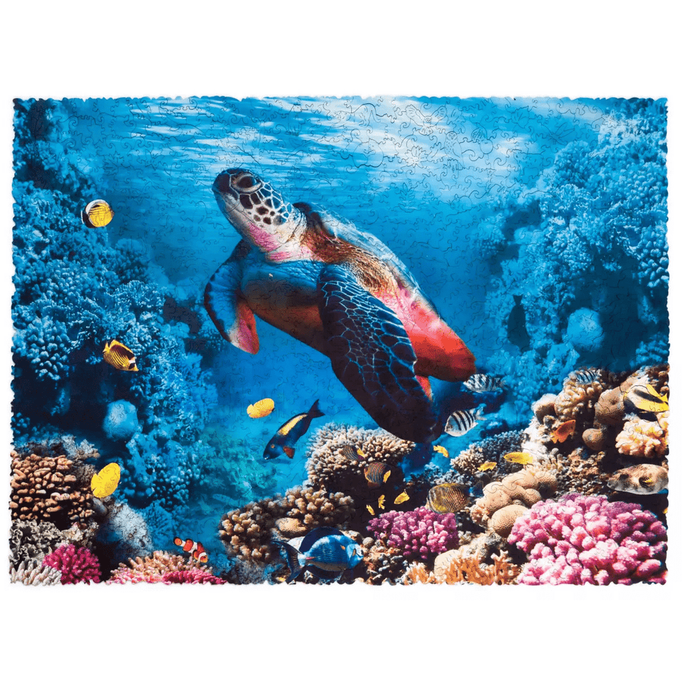 Shimmering Turtle wooden puzzle — front view with vivid artwork