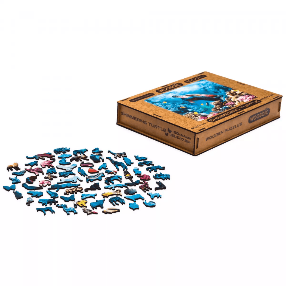 Shimmering Turtle wooden puzzle — puzzle pieces showing laser-cut shapes